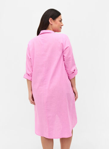 Stripet kjole i bomull og lin, Begonia Pink, Model image number 1