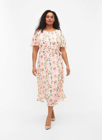 Kortermet midikjole med blomstermønster, White w. Pink Flower, Model