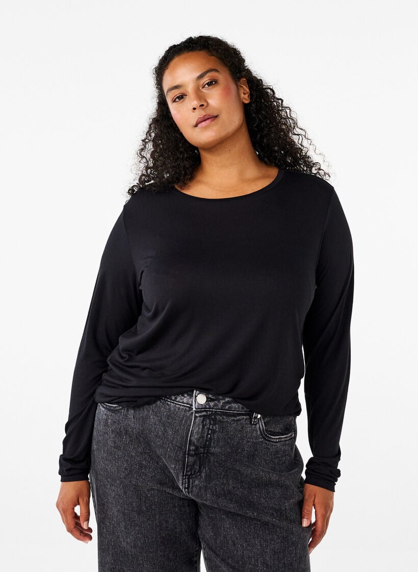Langermet bluse i ull og viskose, Svart, Model image number 0