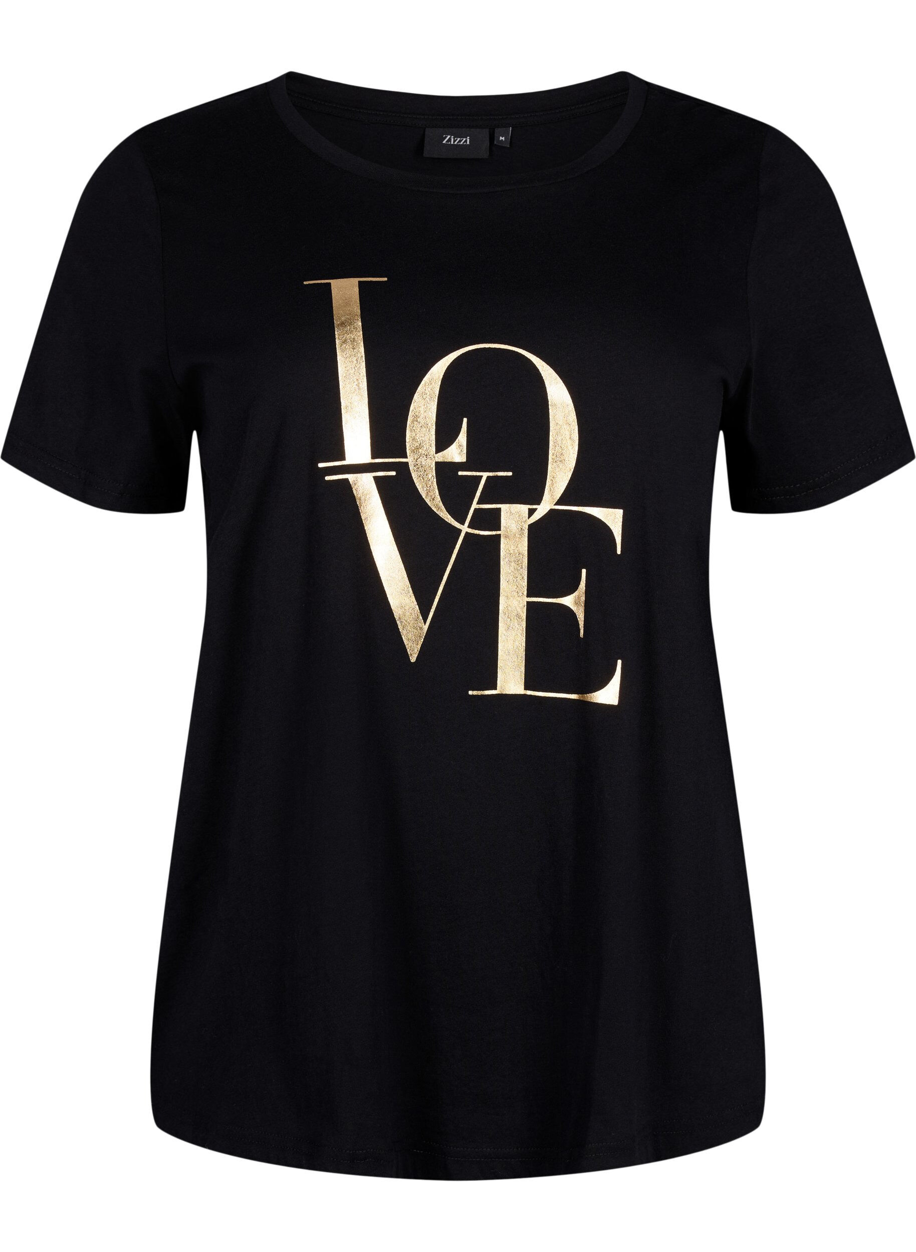 Zizzi T-skjorte i bomull med gullfarget tekst, Black w. Gold Love, Packshot image number 0