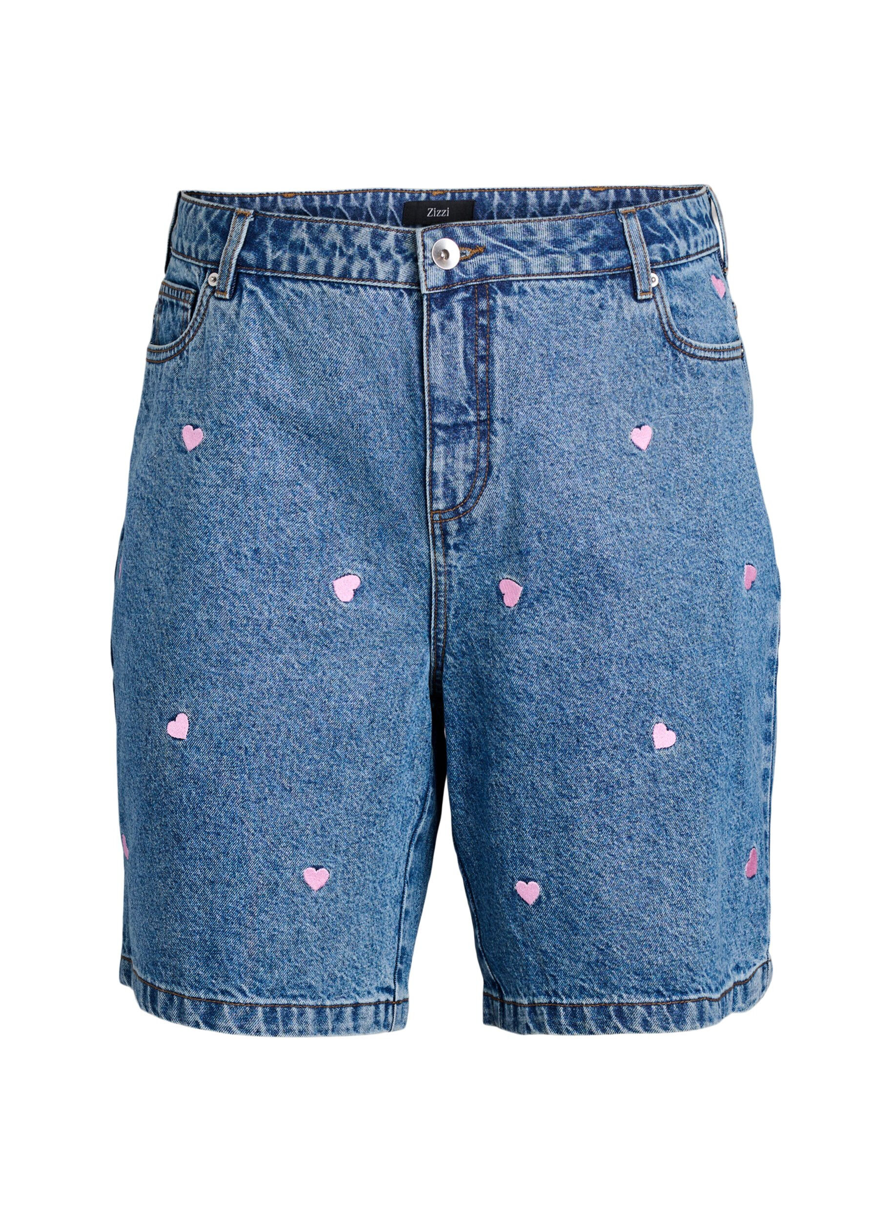 Zizzi Dongerishorts med h&oslash;y midje, med broderte hjerter, Bl&aring;, Packshot image number 0