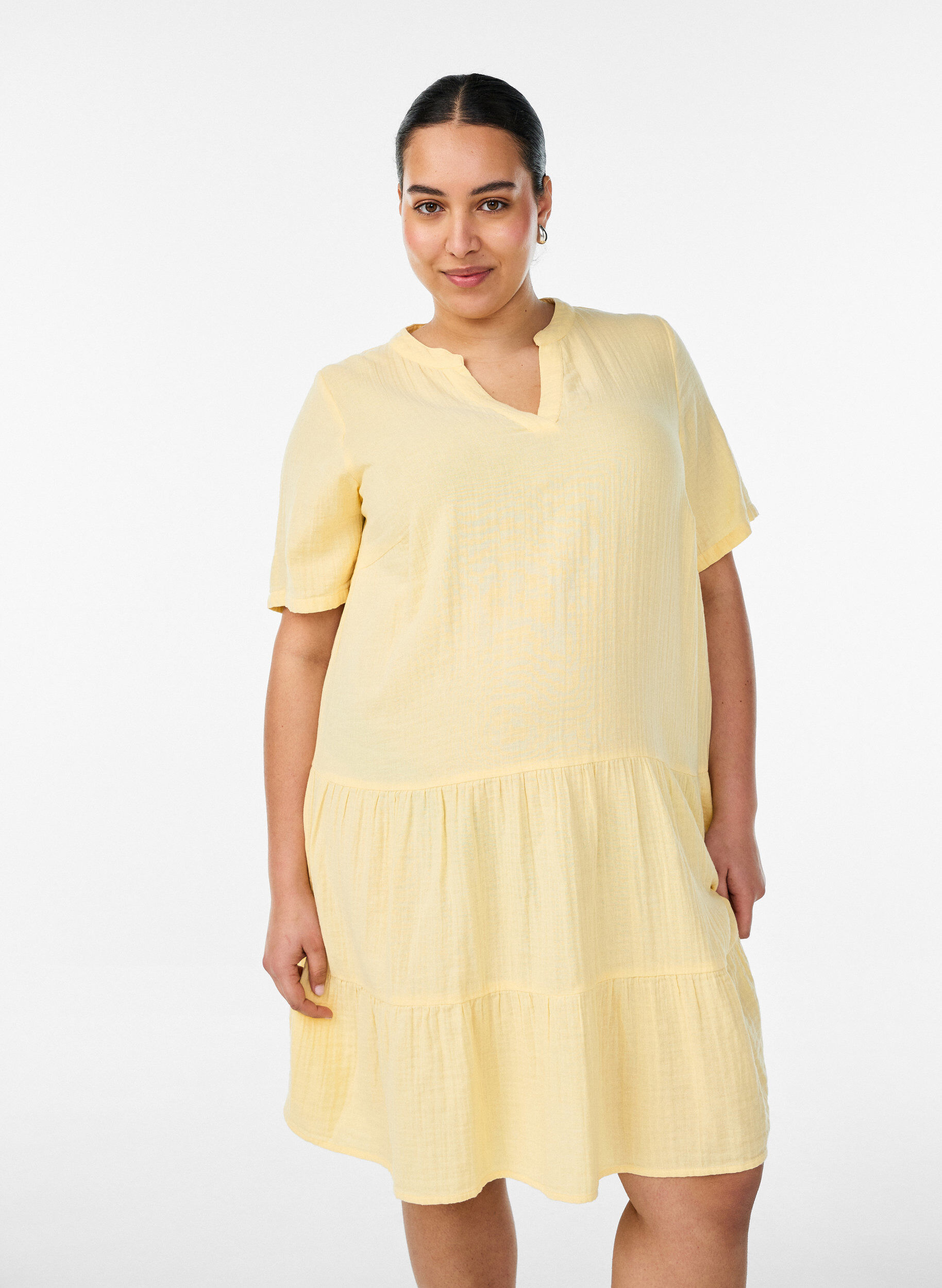 Kort A-linjekjole i bomullsmuslin, Gul, Model