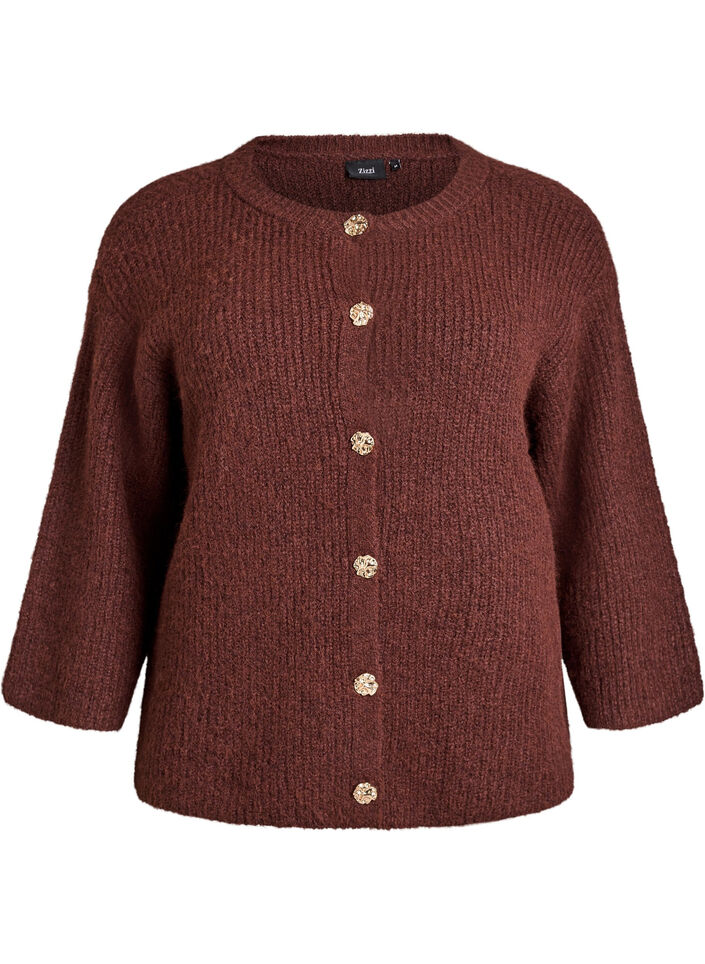 Kort cardigan med 3/4-ermer og gullfargede teksturerte knapper, Brun, Packshot