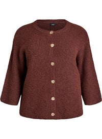 Kort cardigan med 3/4-ermer og gullfargede teksturerte knapper, Brun Kort cardigan med 3/4-ermer og gullfargede teksturerte knapper