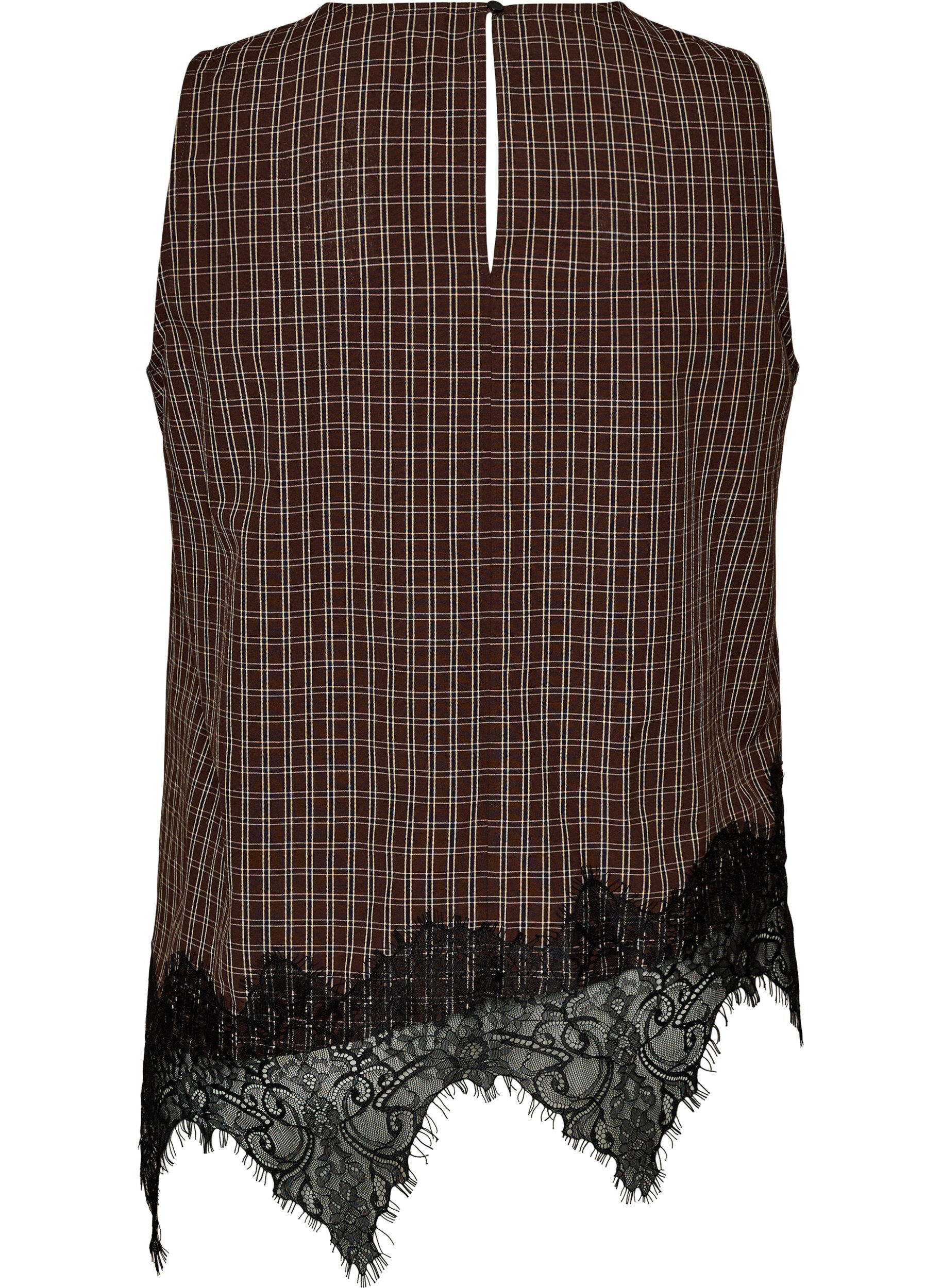 ZizziRutete topp med asymmetrisk blondekant, Brun, Packshot image number 1