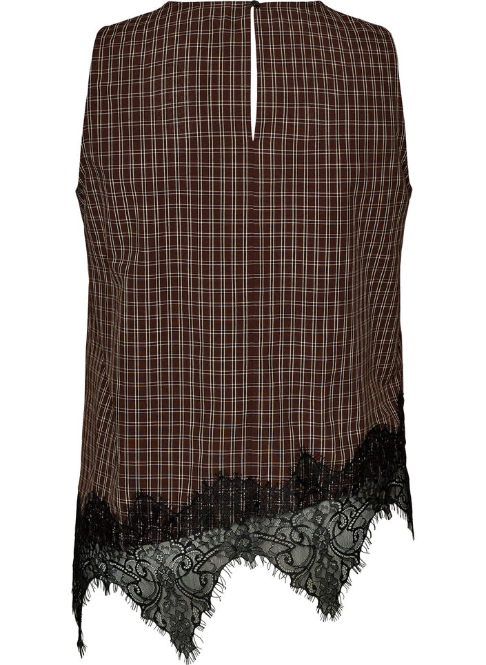 Rutete topp med asymmetrisk blondekant, Brun, Packshot image number 1