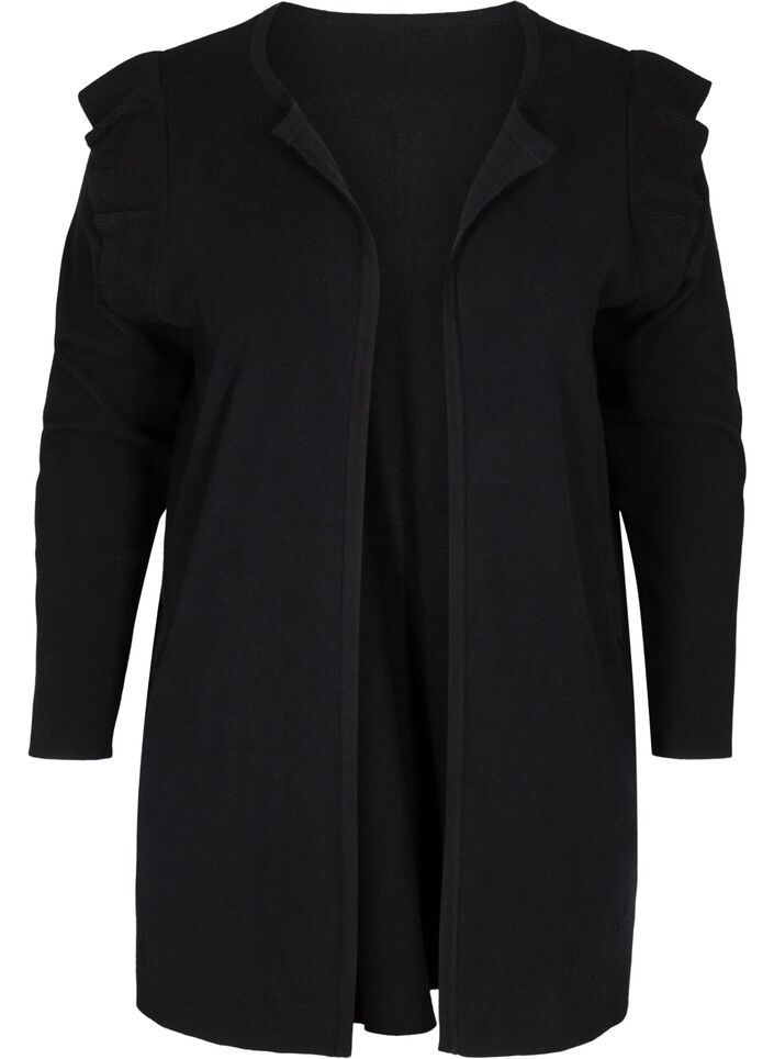 Strikkecardigan med volanger og lommer, Black, Packshot image number 0
