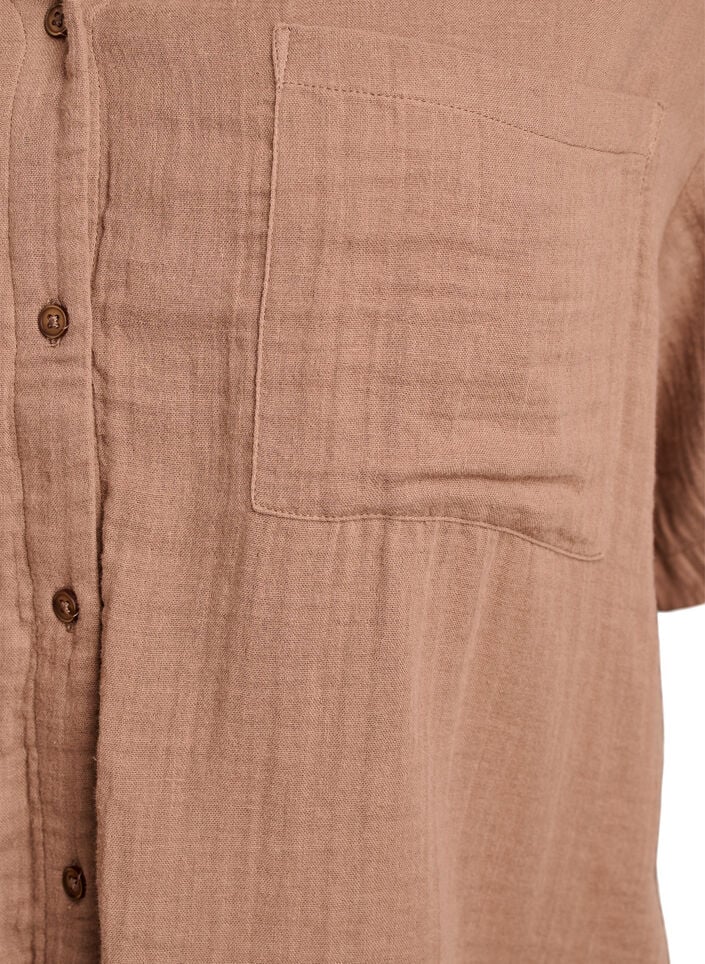 Bluse i bomullsmusselin med korte ermer, Brun, Packshot