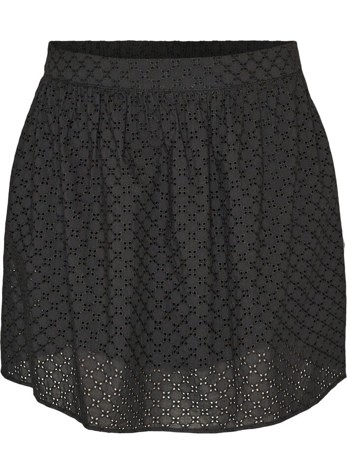 Kort skj&oslash;rt med broderie anglaise og elastisk midje, Svart, Packshot image number 0
