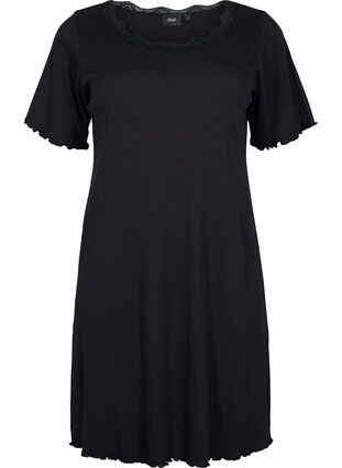 Kortermet nattkjole med blonder, Black, Packshot image number 0