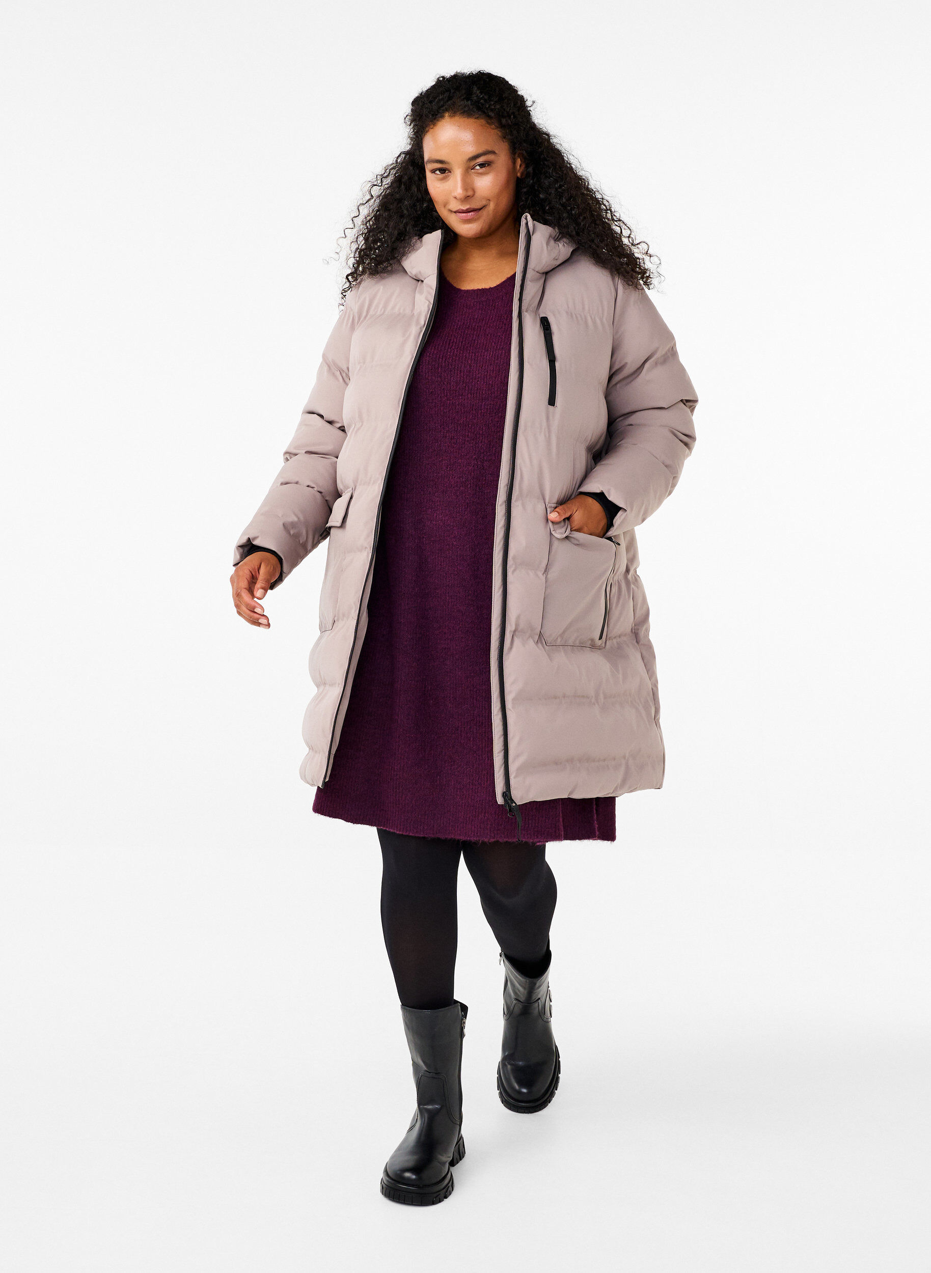 ZizziPufferjakke med hette og lommer, Beige, Model image number 1