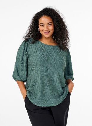Zizzi Bluse med tekstur og 3/4-ermer, Grønn, Model image number 0