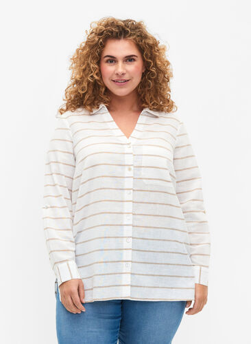 Skjortebluse med knappelukking i bomull-lin-blanding, White Taupe Stripe, Model image number 0