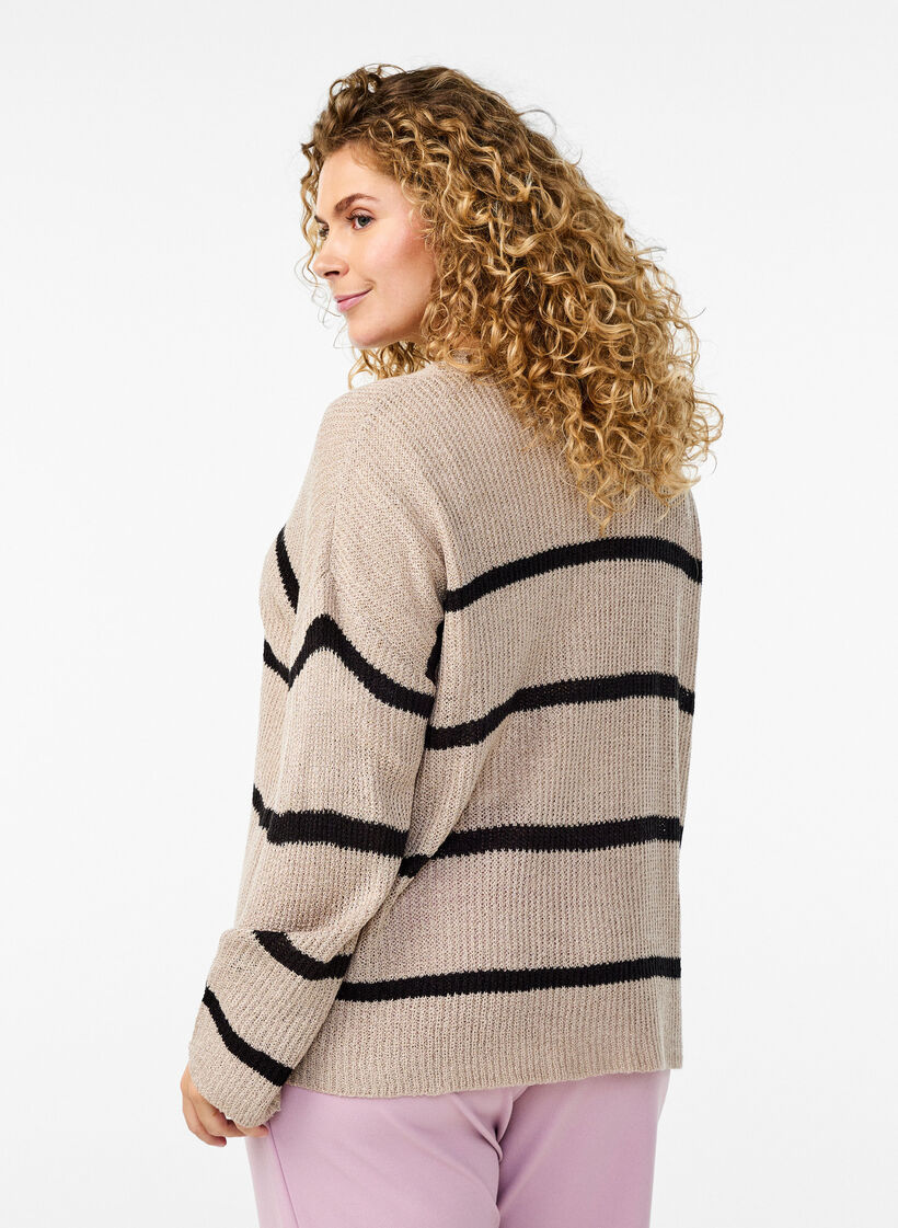 FLASH - Strikket cardigan med striper og knapper, Natural w. Black, Model