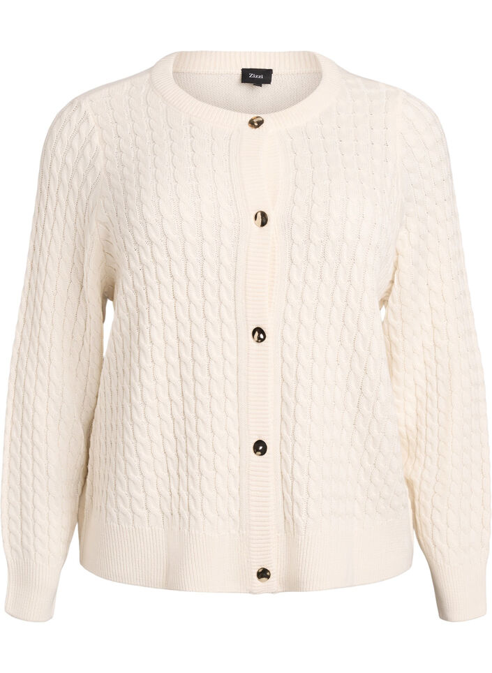 Flettestrikket cardigan med gullfargede knapper, Vanilje, Packshot image number 0