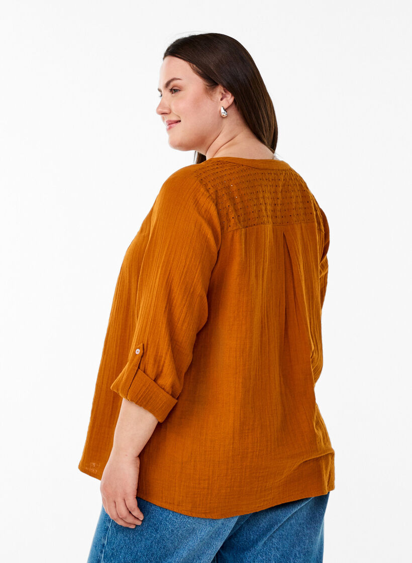 Bluse i bomullsmuslin med broderi anglaise, Orange, Model image number 2