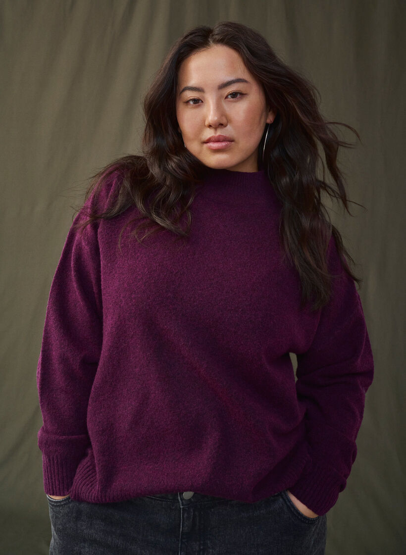 Strikket ullbluse med høy hals, Potent Purple Mel., Image image number 0