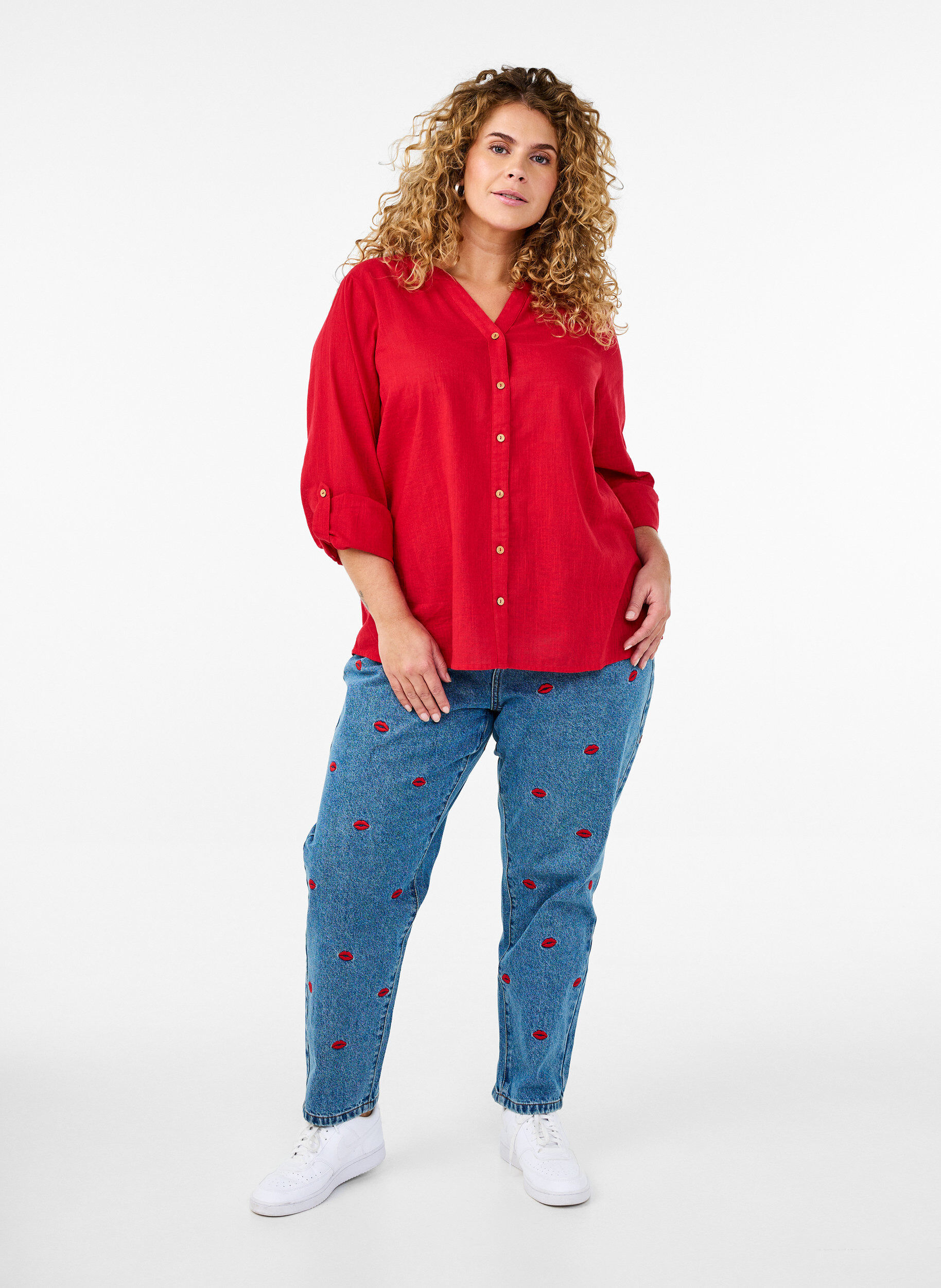 ZizziBomullsbluse med V-hals, R&oslash;d, Model image number 1