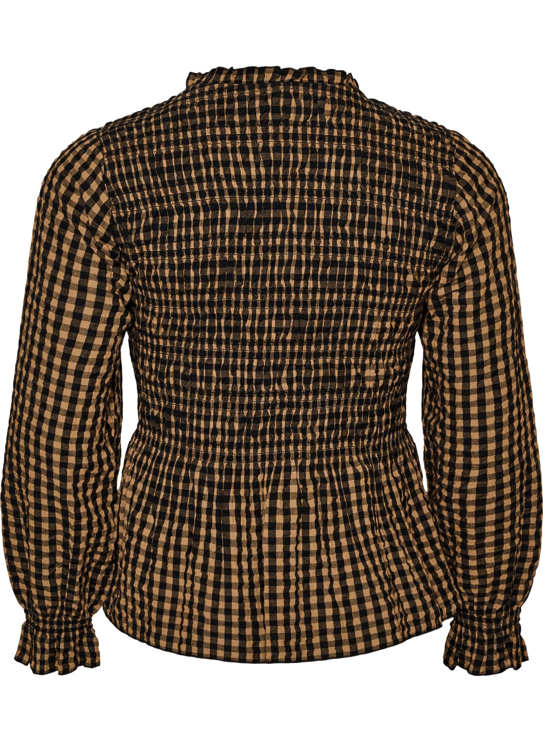ZizziRutete bluse med smocking og peplum, Brun, Packshot image number 1