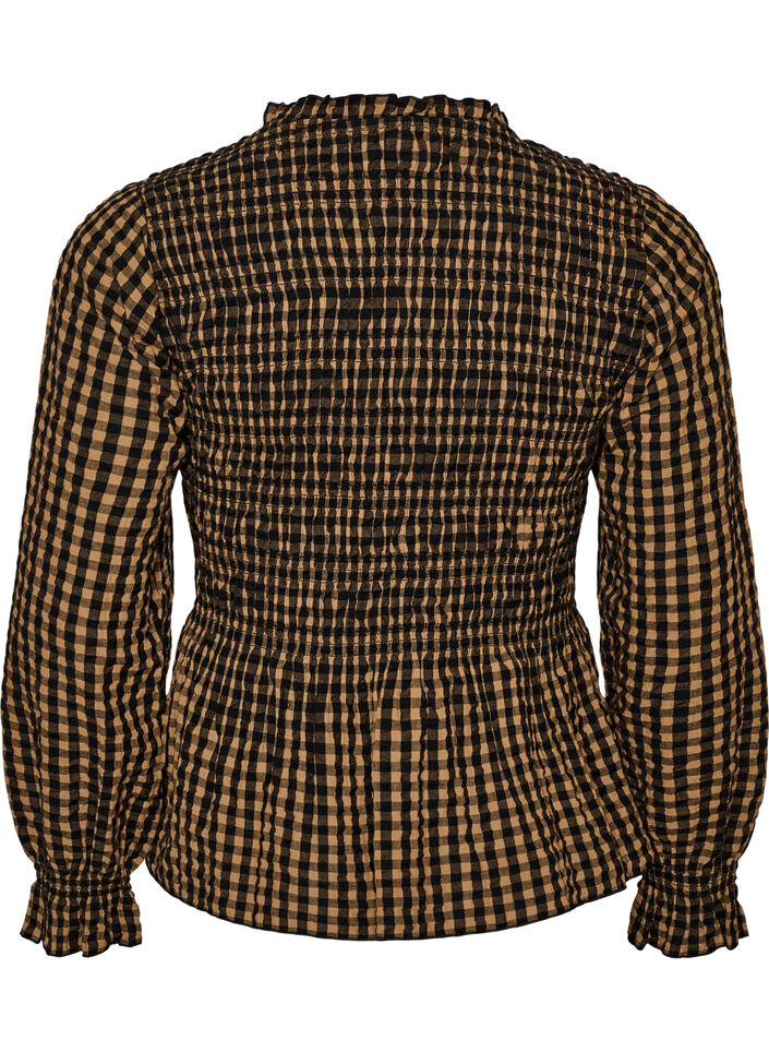 Rutete bluse med smocking og peplum, Brun, Packshot image number 1