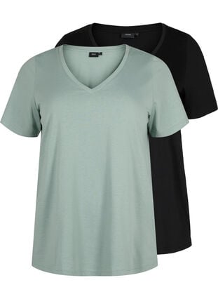 T-skjorte med V-hals, 2 stk, Chinois Green/Black, Packshot image number 0