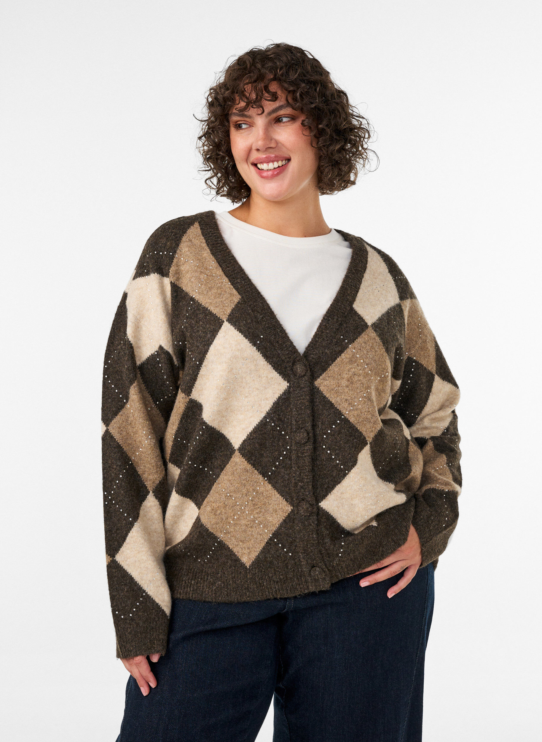 ZizziArgyle cardigan med rhinesteiner, Brun, Model image number 0