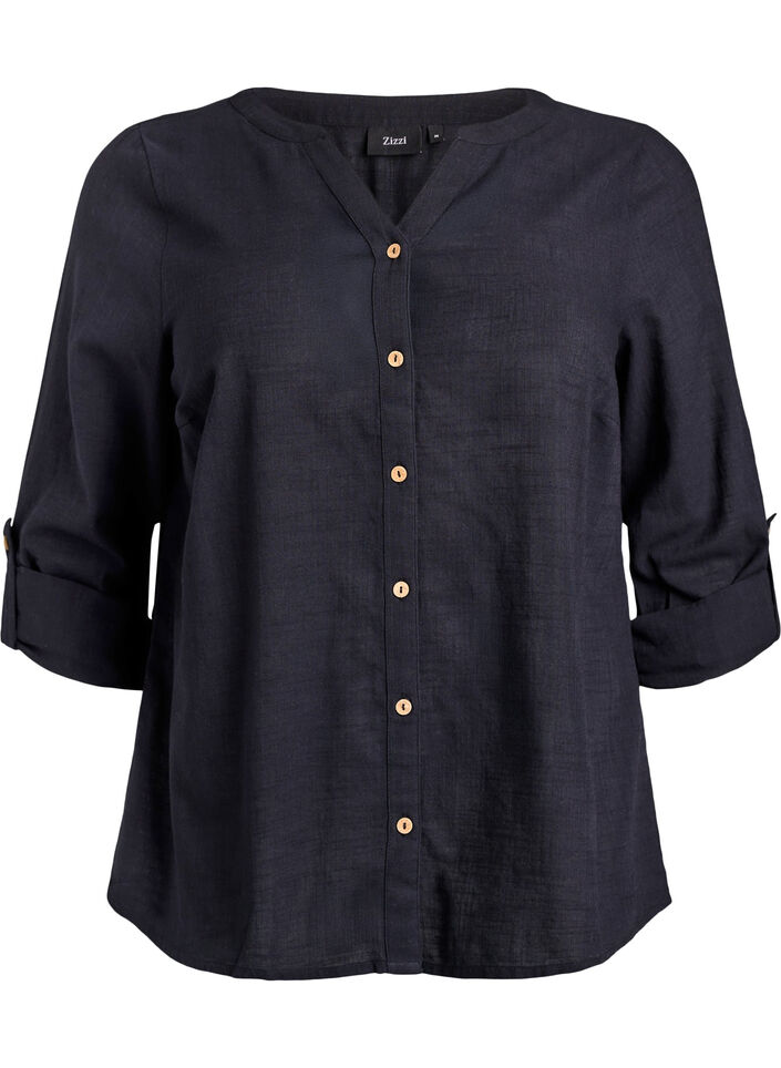 Bluse i bomull med V-hals, Svart, Packshot image number 0