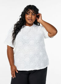 Bluse med 3D-blomster og korte ermer, Hvit Bluse med 3D-blomster og korte ermer, Hvit, Model