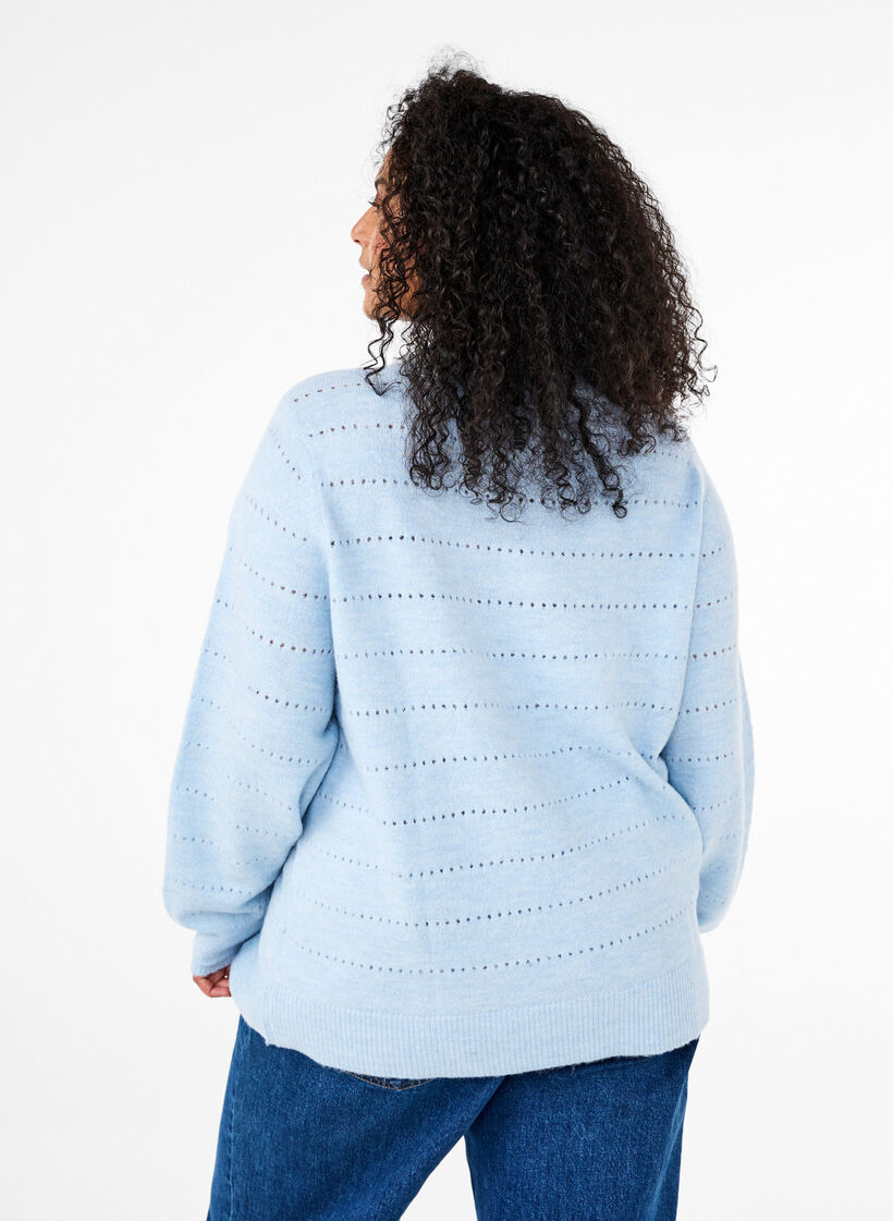 Strikket bluse med rund hals og hulmønster, Cashmere Blue Mel., Model image number 1