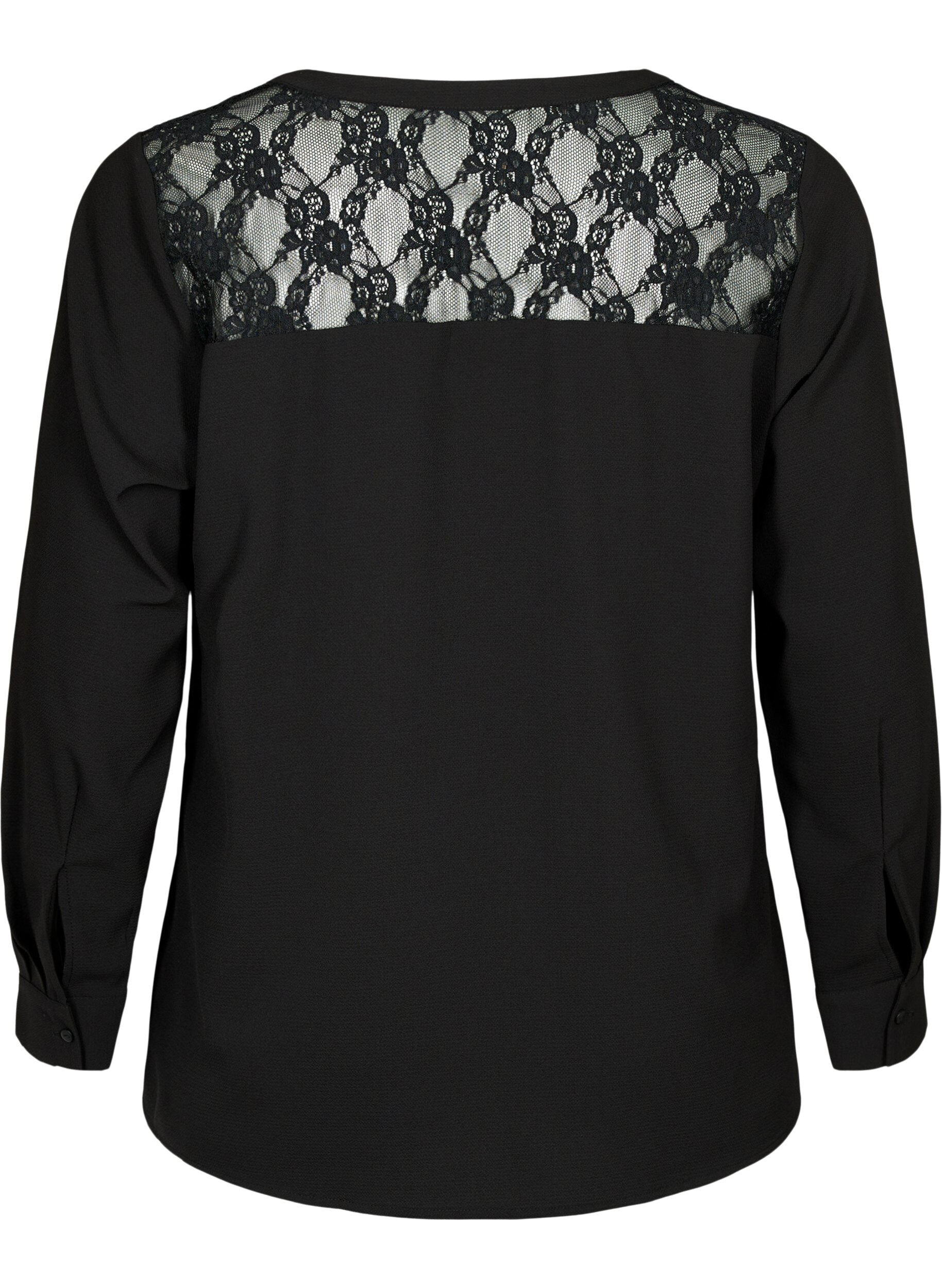 Zizzi Bluse med lange ermer og blondedetaljer , Black, Packshot image number 1