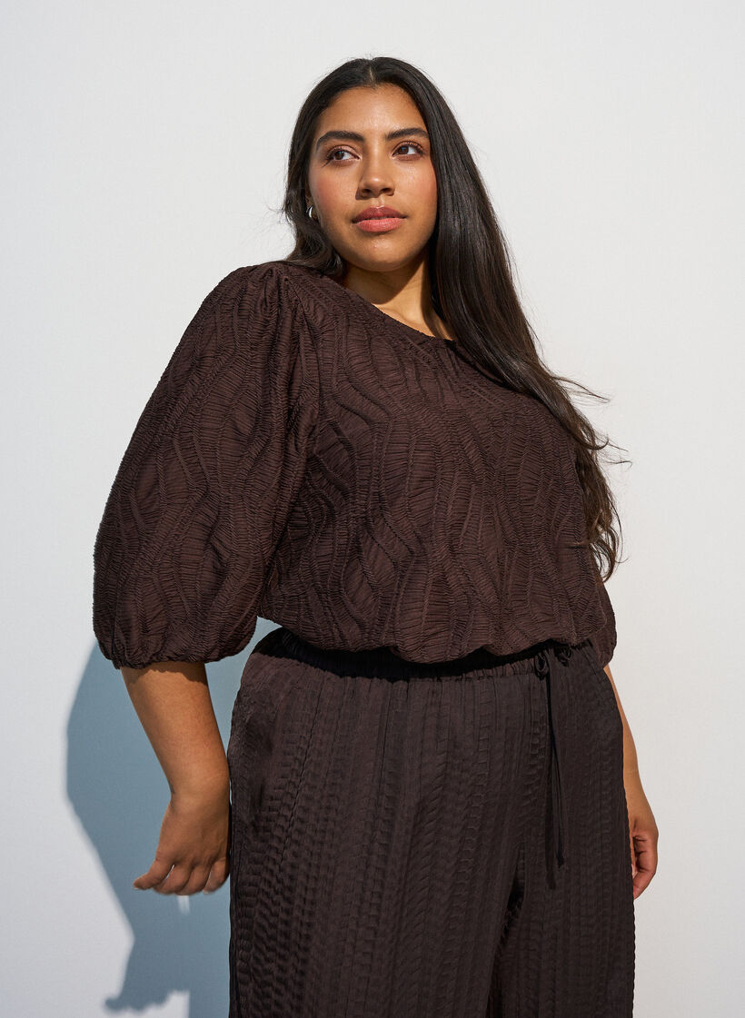 Bluse med tekstur og 3/4 ermer, Brun, Model image number 0