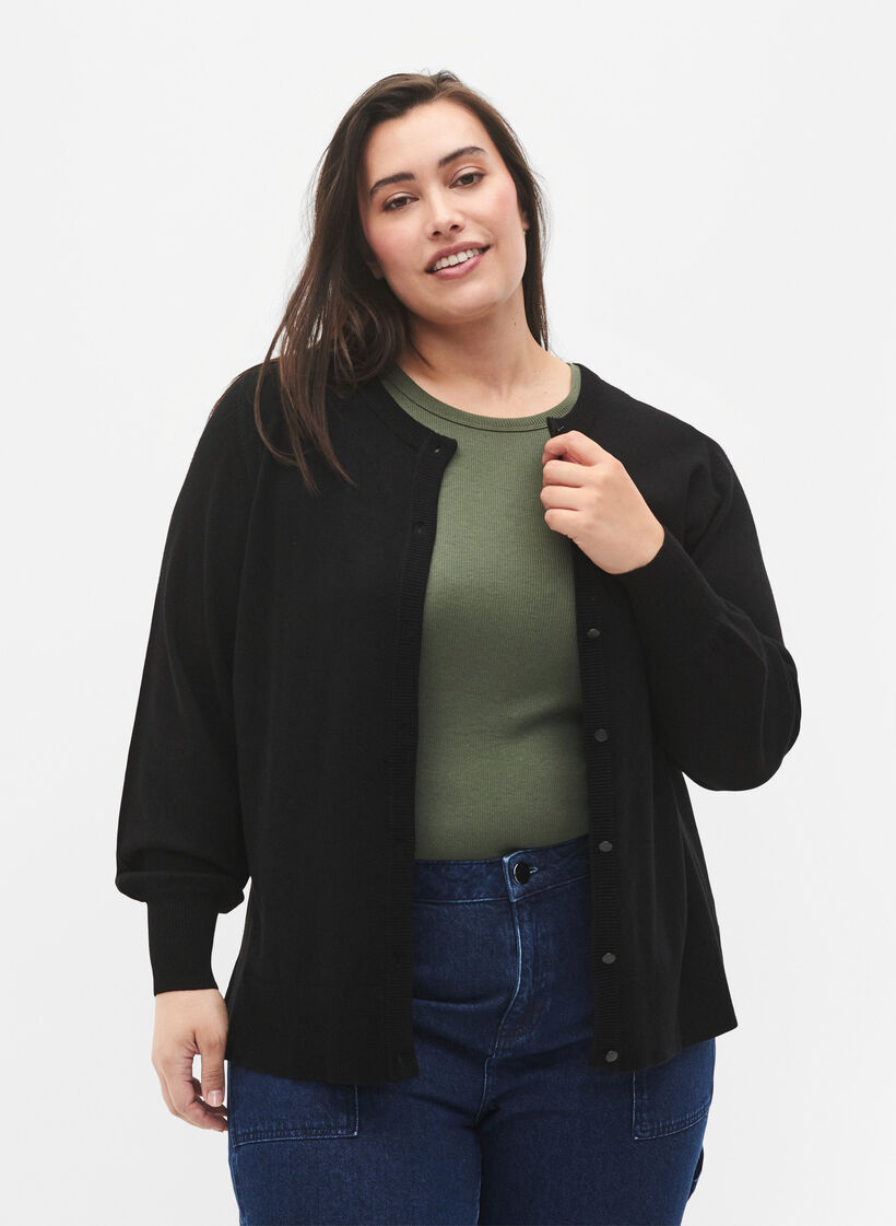 Strikket cardigan i viskose med knapper, Black, Model image number 0