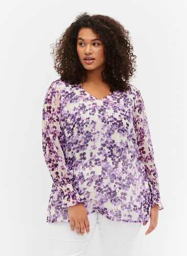 Blomstrete bluse med lange ermer og V-hals, Beige/Purple Flower, Model image number 0