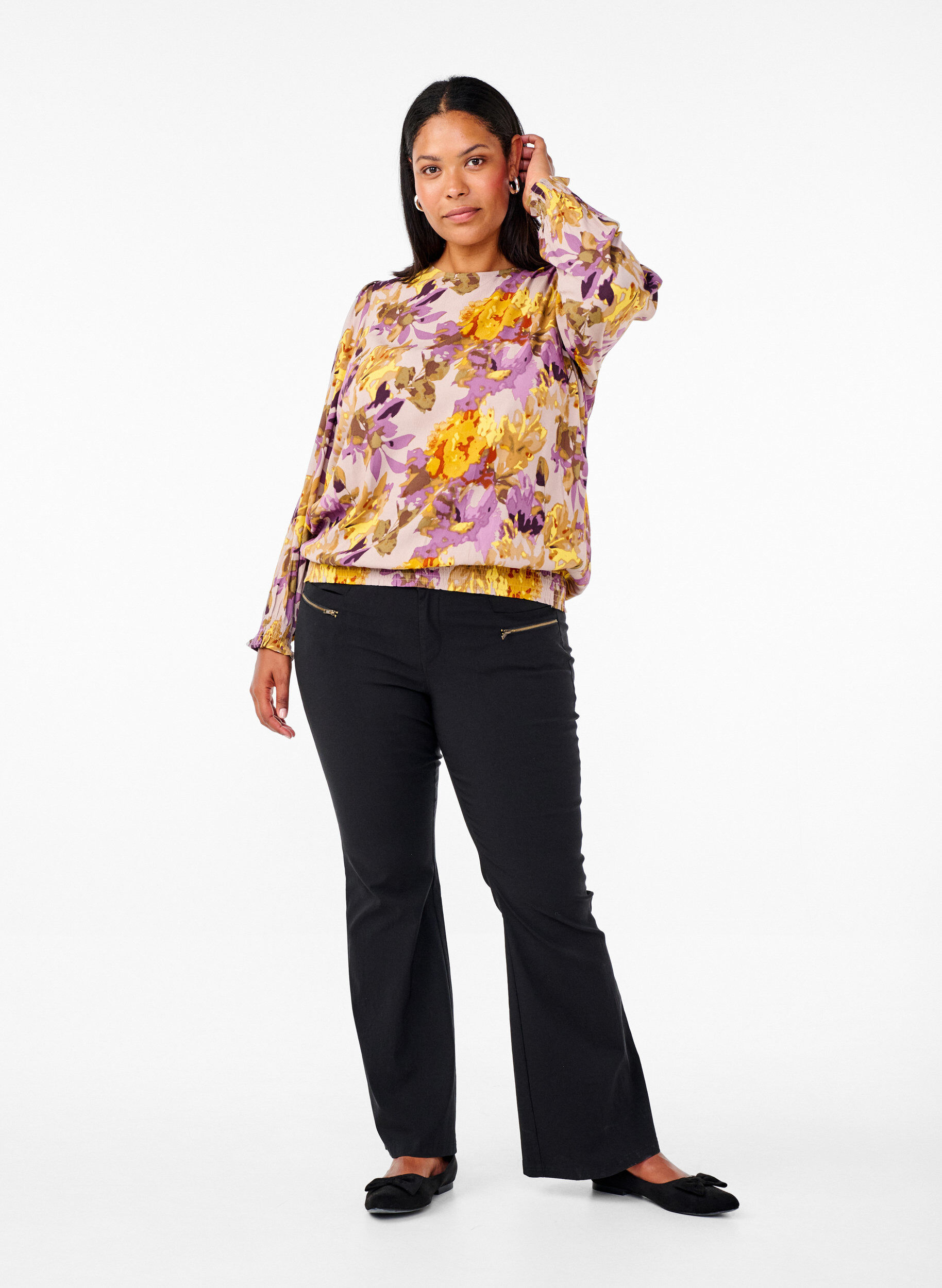 Zizzi Smockbluse med blomstertrykk, Purple Flower, Model image number 2