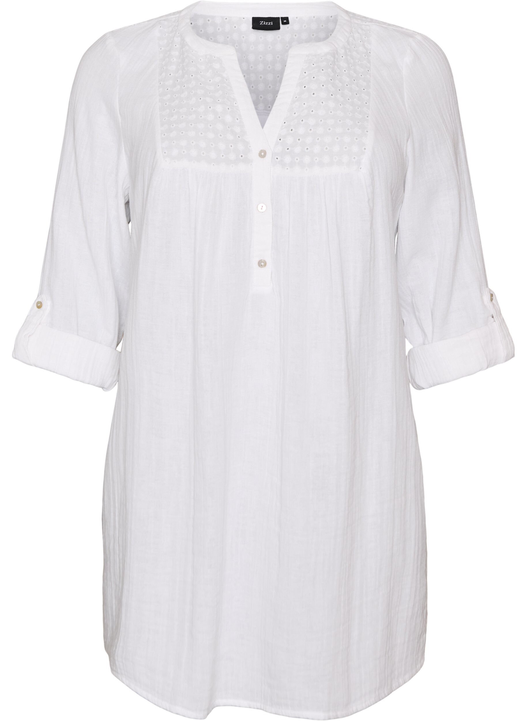 ZizziBomullsmuslin tunika med broderie anglaise, Hvit, Packshot image number 0