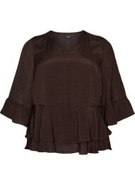 Bluse med 3/4-ermer og volangdetaljer, Brun