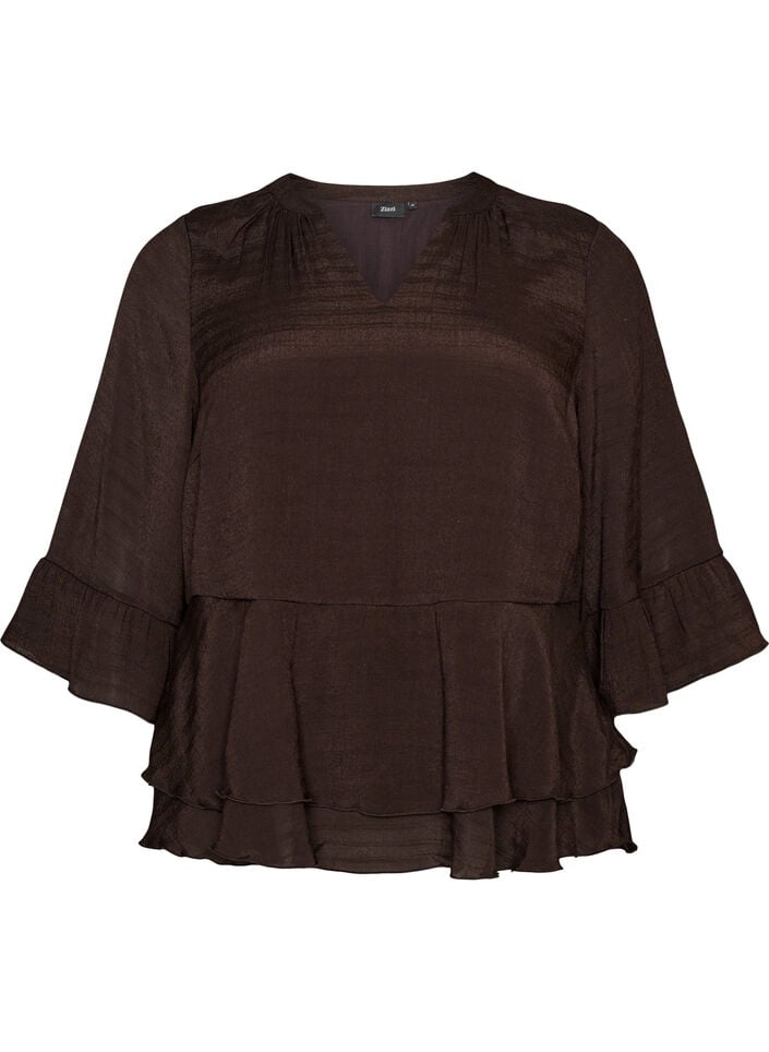 Bluse med 3/4-ermer og volangdetaljer, Brun, Packshot image number 0