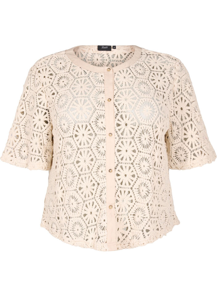 Heklet cardigan med korte ermer, Beige, Packshot image number 0