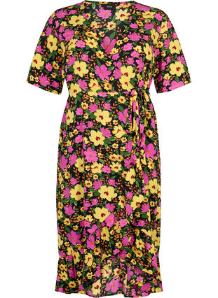 Mønstret omslagskjole med korte ermer, Yellow Pink Flower, Packshot image number 0