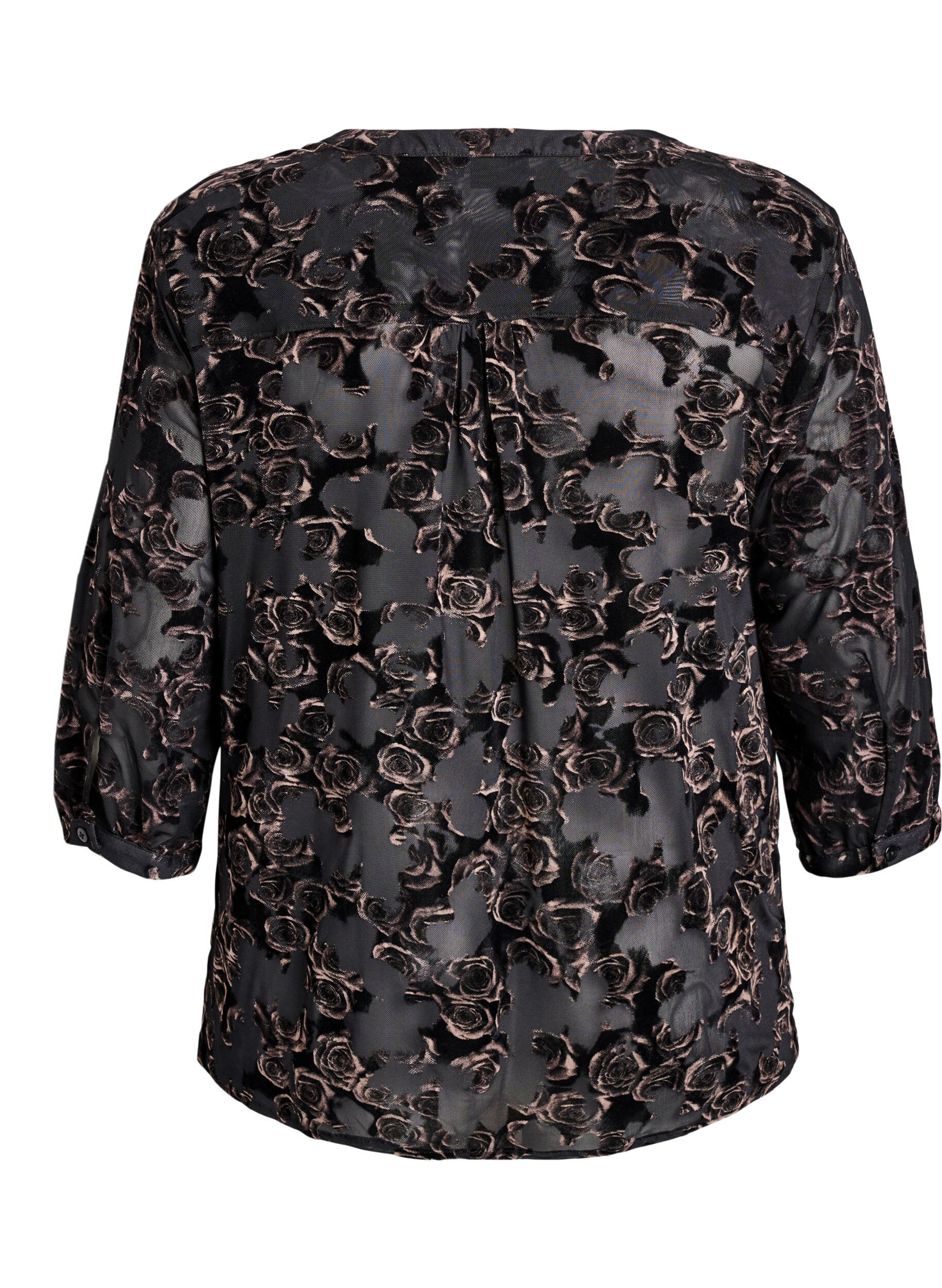 Zizzi Mesh-bluse med velourroser og 3/4 ermer, Svart, Packshot image number 1