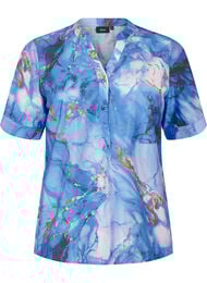Bluse i viskose med marmortrykk og korte ermer, Palace Blue AOP
