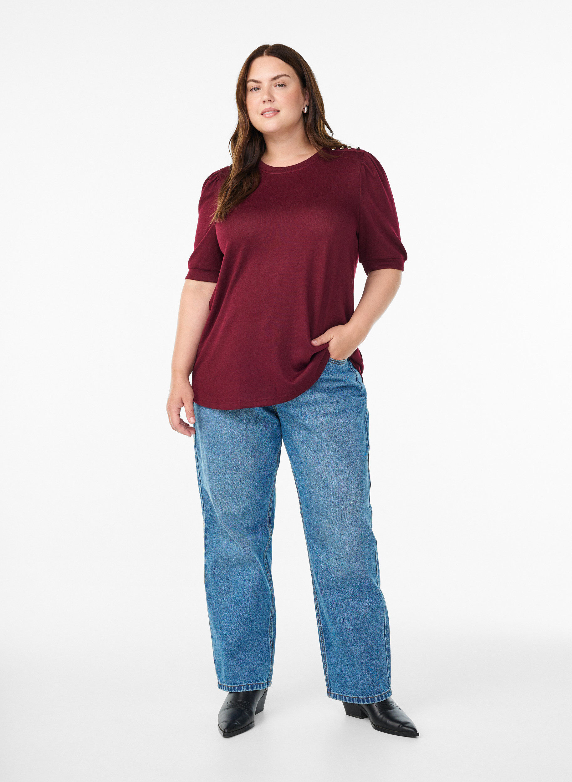 ZizziBluse med knappedetaljer og korte puffermer, M&oslash;rk Bordeaux, Model image number 1