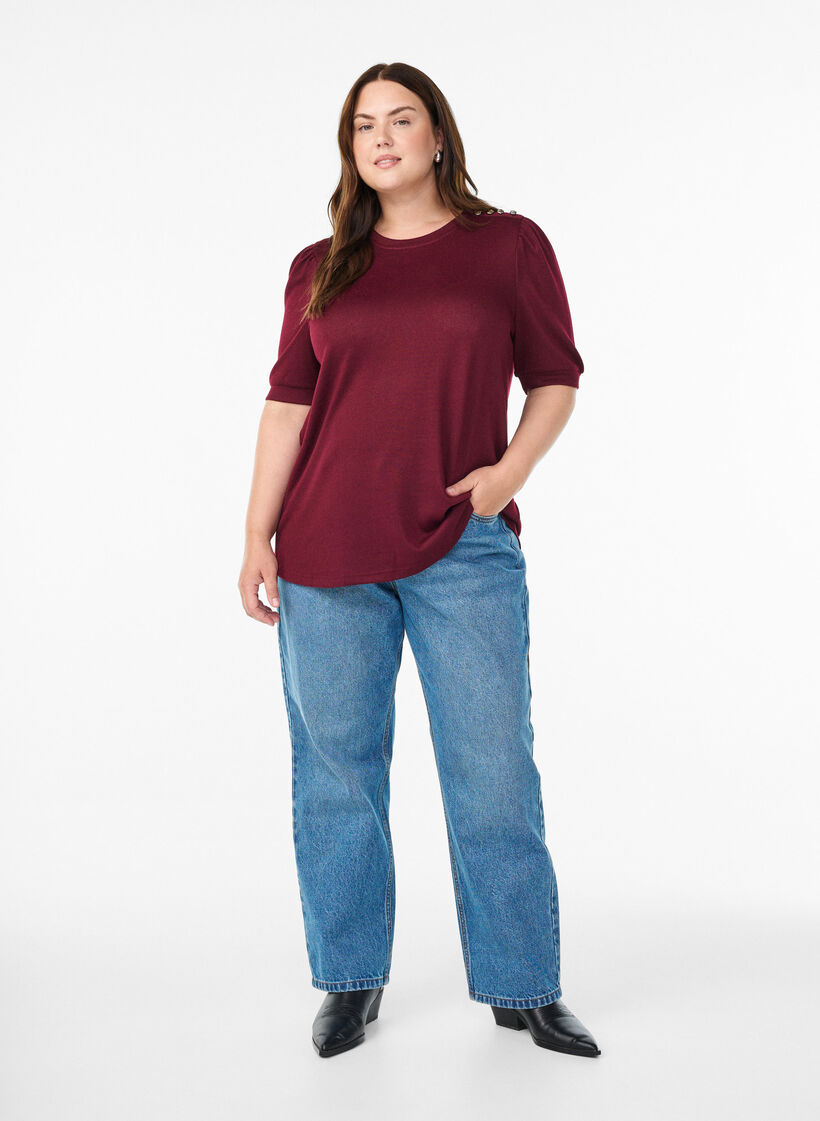 Bluse med knappedetaljer og korte puffermer, M&oslash;rk Bordeaux, Model image number 1