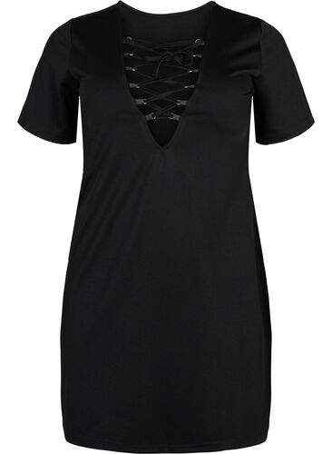 Kort kjole med V-hals og snordetaljer, Black, Packshot image number 2
