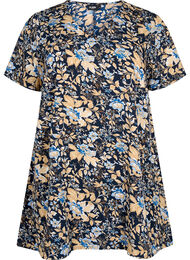 FLASH- tunika med V-hals og mønster, Brown Blue Flower
