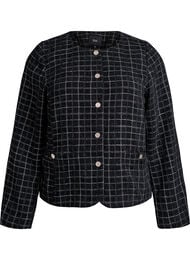 Kort rutete bouclé-blazer med rund hals, Black w. Check