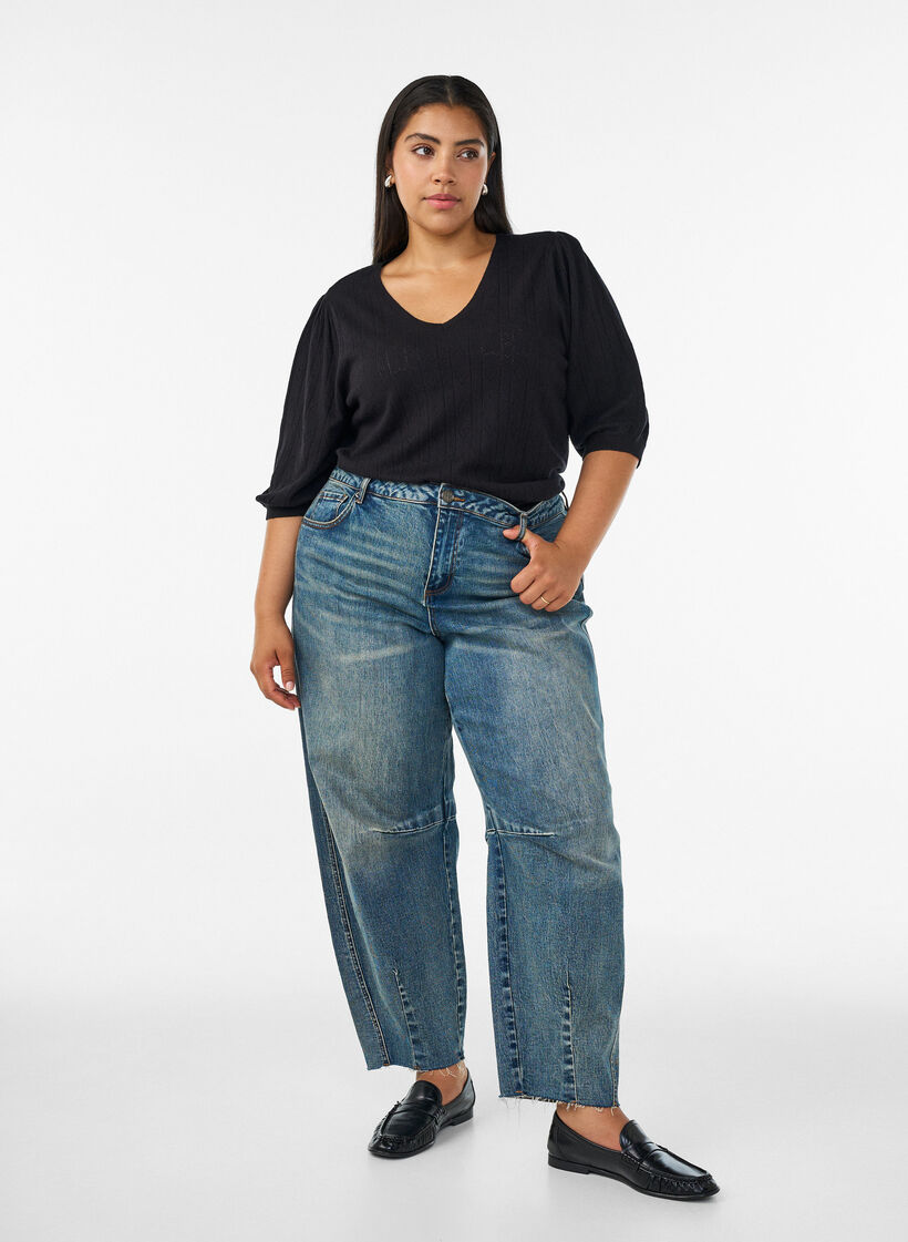Kortermet strikkebluse med pointellem&oslash;nster, Svart, Model image number 1
