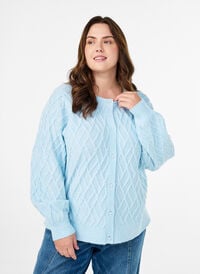 Kabelstrikket cardigan med perleknapper, Blå Kabelstrikket cardigan med perleknapper, Blå, Model