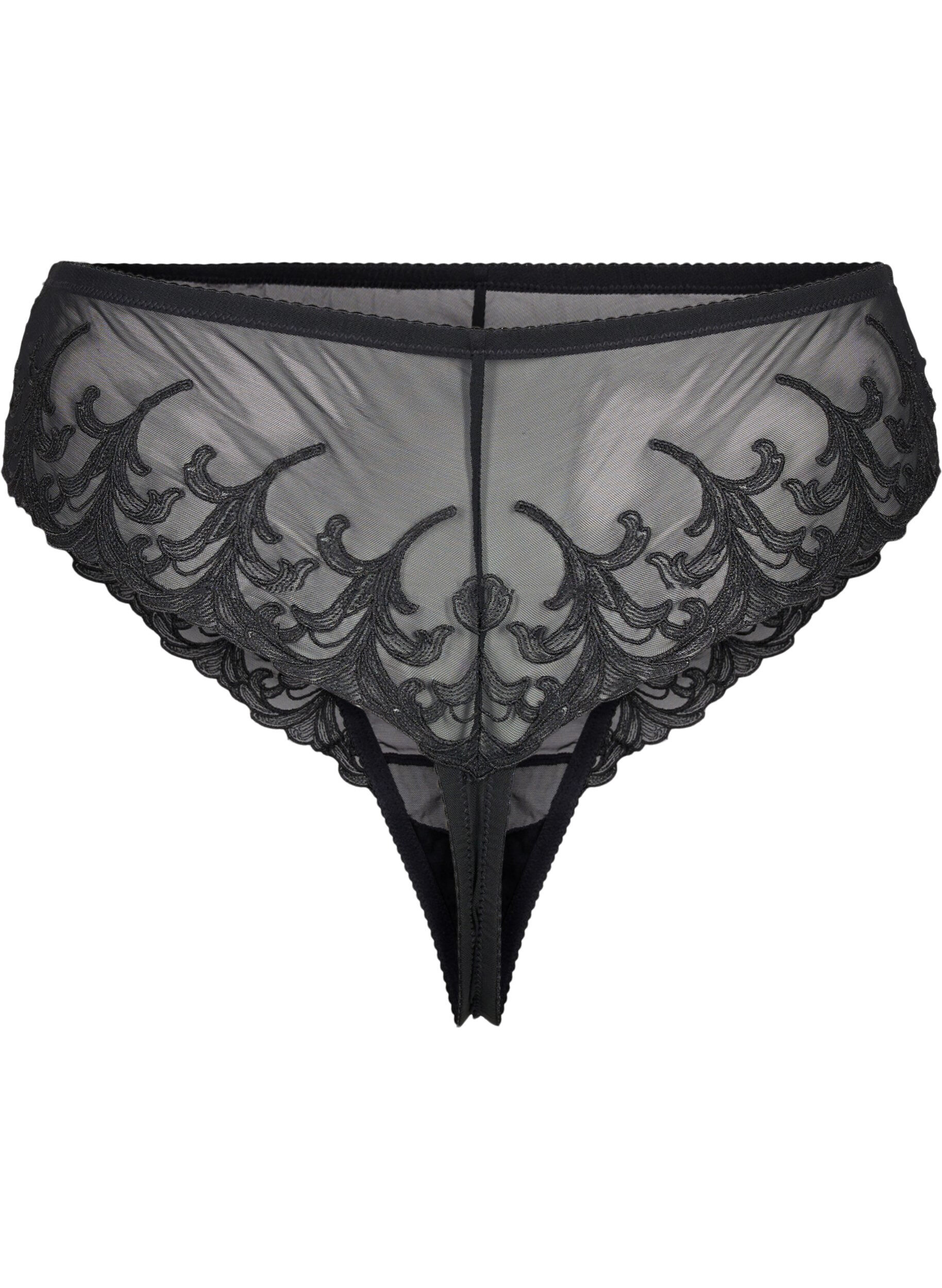 Zizzi Mesh-tanga med broderidetaljer, Svart, Packshot image number 1