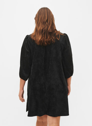 Kordfløyelskjole med 3/4-ermer og knapper, Black, Model image number 1